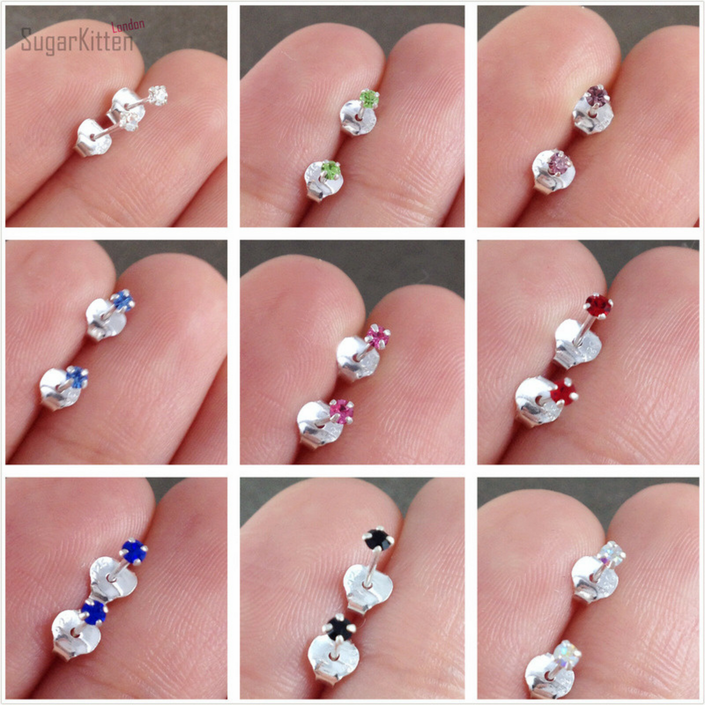 Sterling Silver Small 1.5mm CZ Clear Blue Black Red Opal Green Earrings with Small CZ - sugarkittenlondon