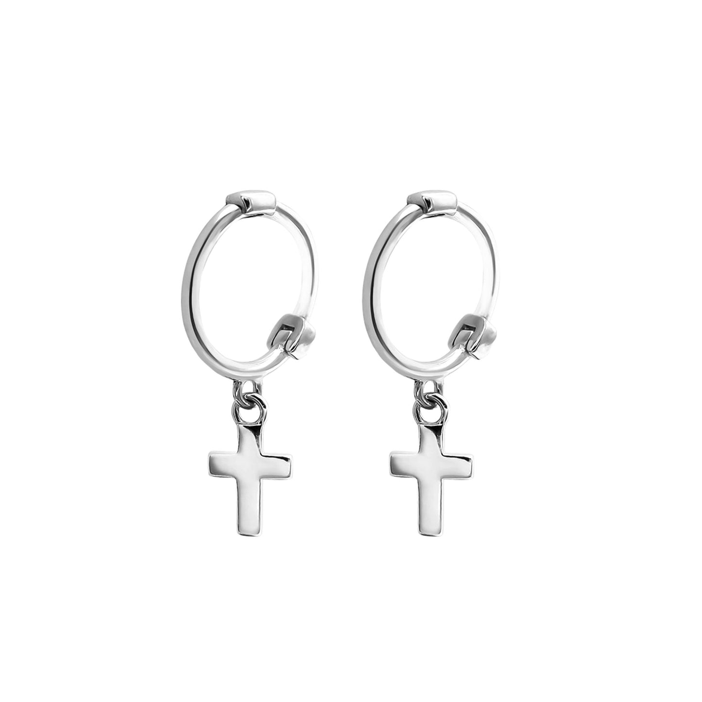 Unisex 8mm Sterling Silver Cross Hoop Earrings with Drop Charm