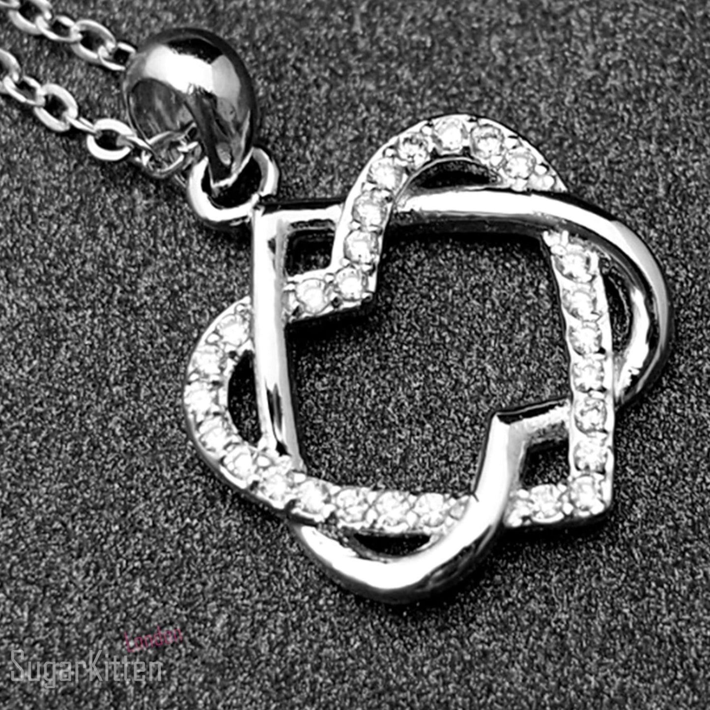 Sterling Silver CZ Double Floating Twisted Knot Love Heart Necklace Infinite - sugarkittenlondon