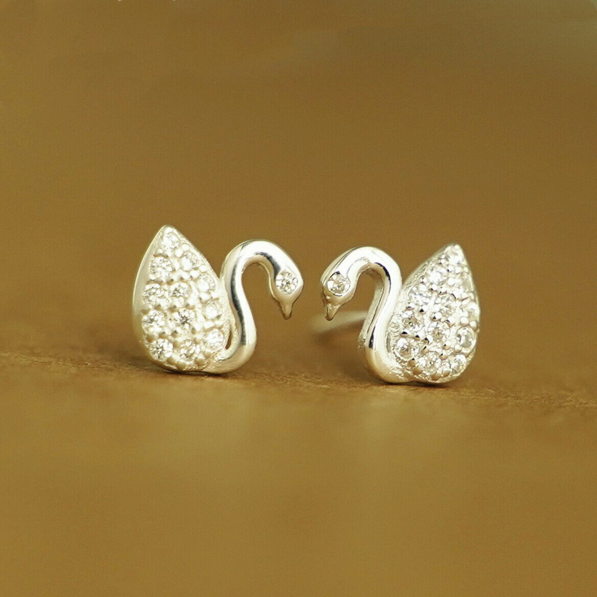 925 Sterling Silver Swan Stud Earrings with Paved CZ - sugarkittenlondon