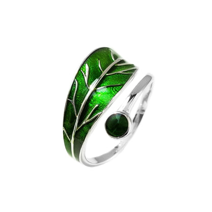 Sterling Silver Glazed Green Tree Leaf Dot Wrap Open Band Ring - sugarkittenlondon