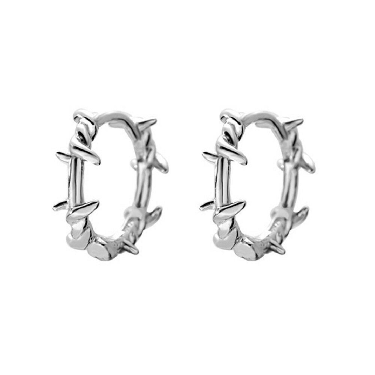 925 Sterling Silver Barb Wire Hoop Sleeper Earrings with Twisted Thorn Branch Design - sugarkittenlondon