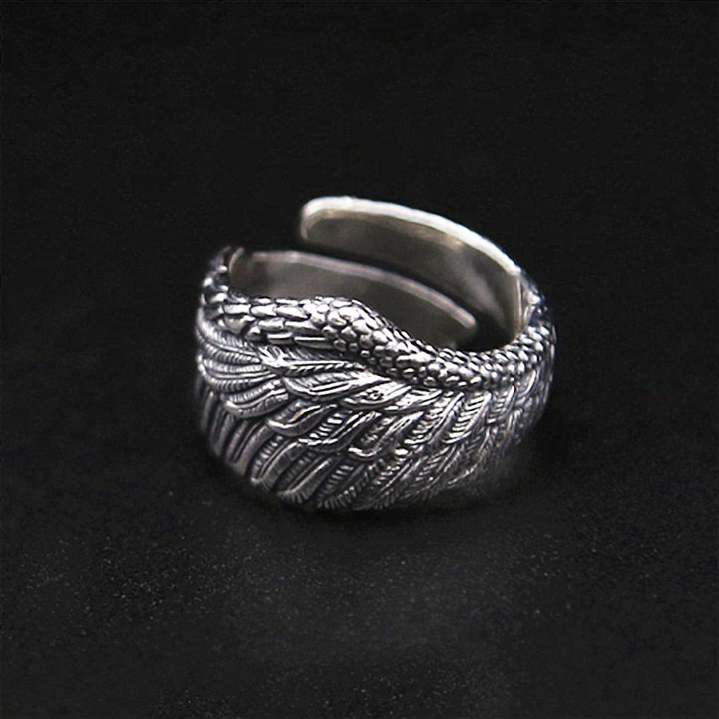 Sterling Sliver Oxidized Wide Wrap Feather Eagle Wing Leaf Open Band Ring - sugarkittenlondon