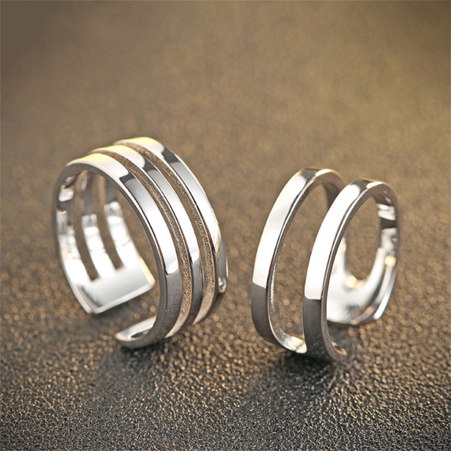 Sterling Silver Couple Rings Double Triple Parallel Bar Wide Line Open Band Ring - sugarkittenlondon