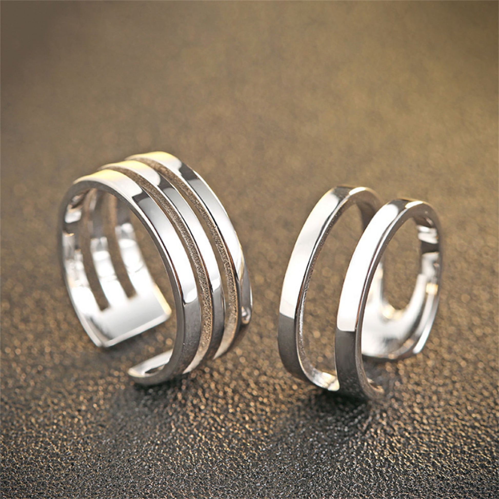 Sterling Silver Couple Rings Double Triple Parallel Bar Wide Line Open Band Ring - sugarkittenlondon