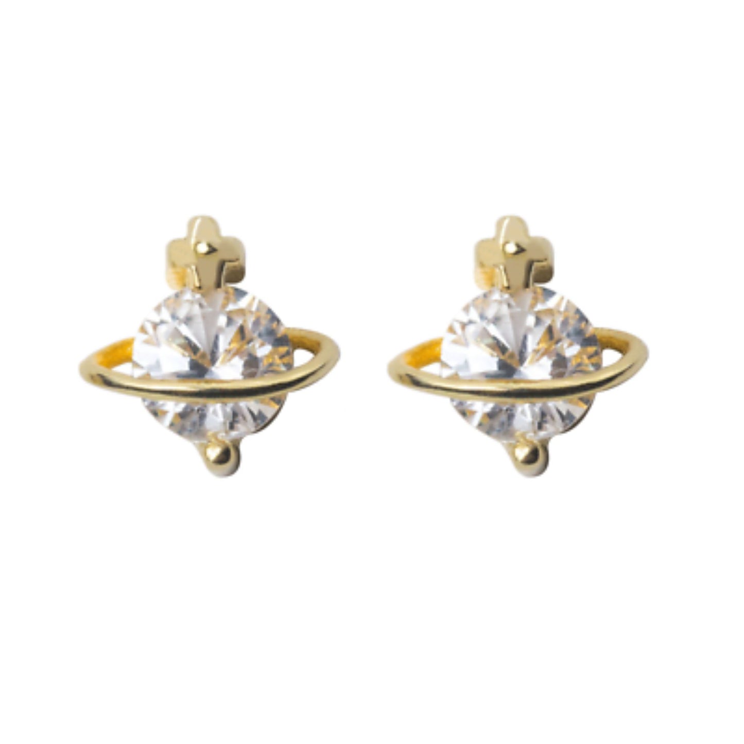 Sterling Silver 18K Gold Plated Saturn Space Star CZ Stud Earrings