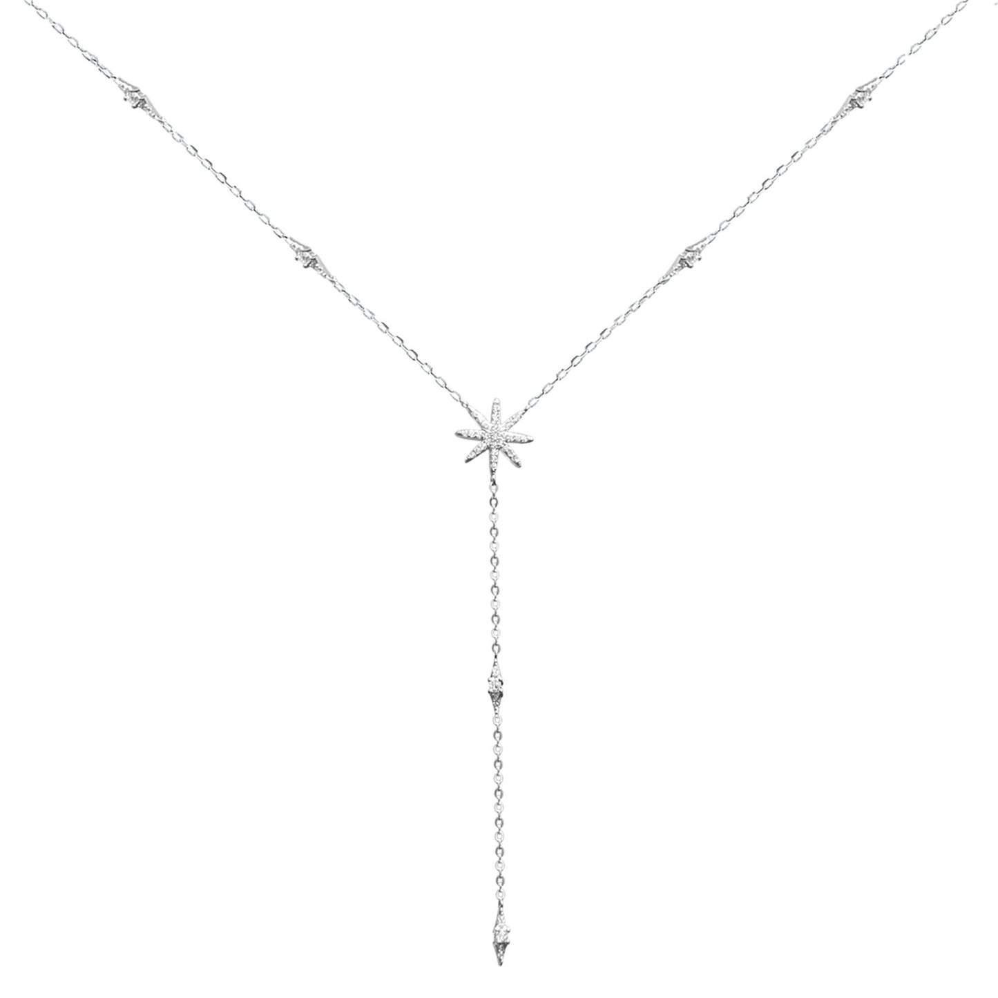 Sterling Silver Long CZ Sunlight Star Sunburst Drop Y Shape Lariat Necklace - sugarkittenlondon