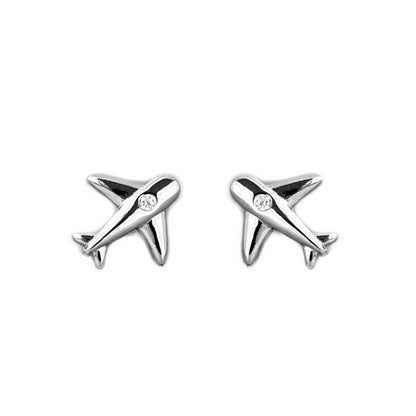 925 Sterling Silver Airplane Stud Earrings with Cubic Zirconia