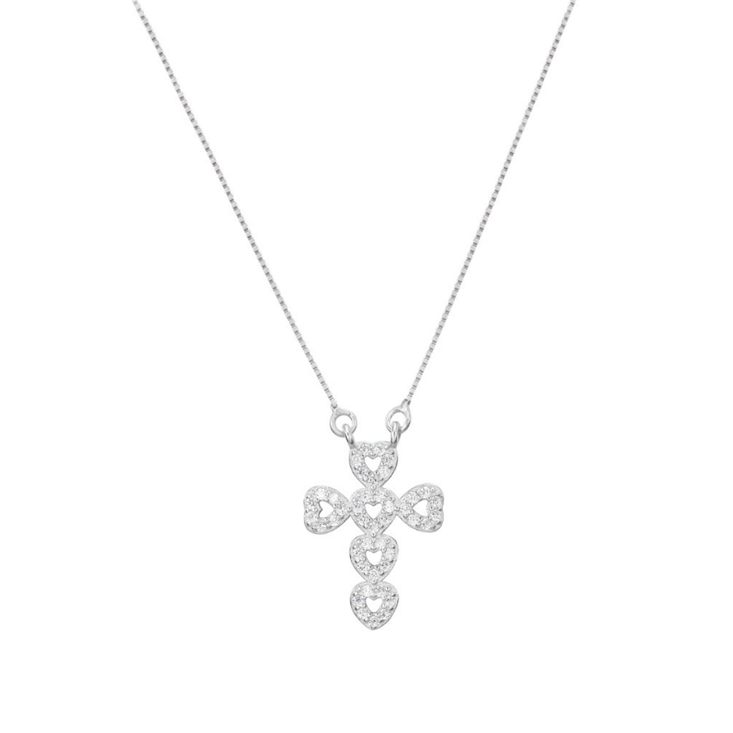 Sterling Silver Cross Pendant Necklace with Hollow Heart and Micro Pave CZ - sugarkittenlondon