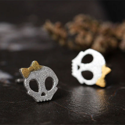 Gold on Sterling Silver Matte Sugar Bow Skull Skeleton Post Studs Earrings - sugarkittenlondon