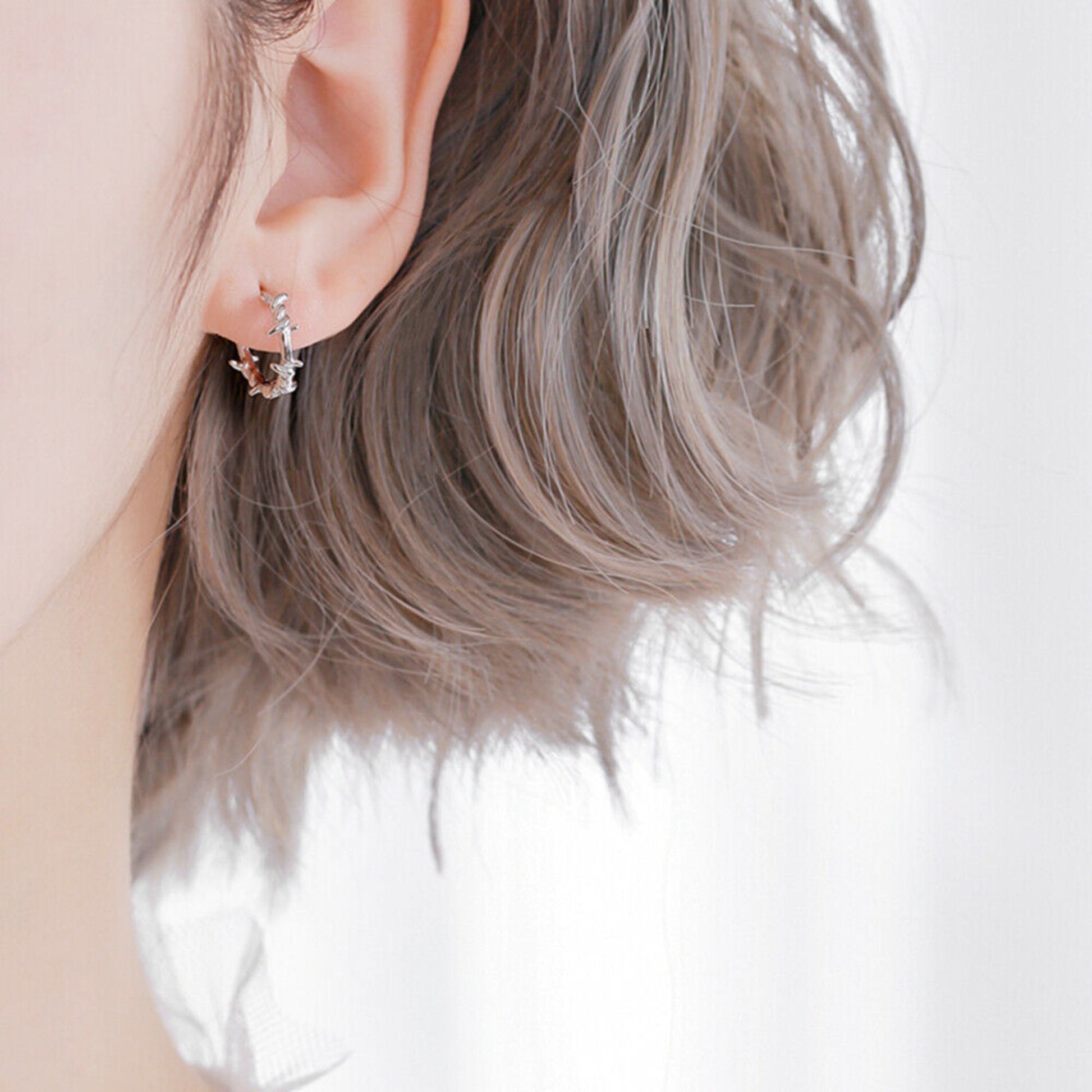 925 Sterling Silver Barb Wire Hoop Sleeper Earrings with Twisted Thorn Branch Design - sugarkittenlondon