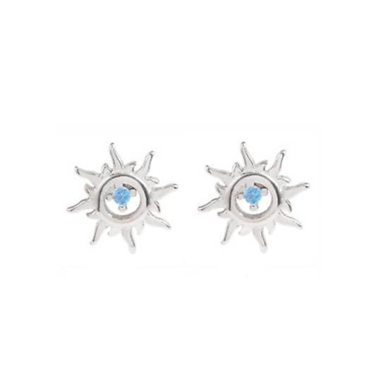 Sparkling Sun Earrings with Light Blue Aquamarine CZ in 925 Sterling Silver