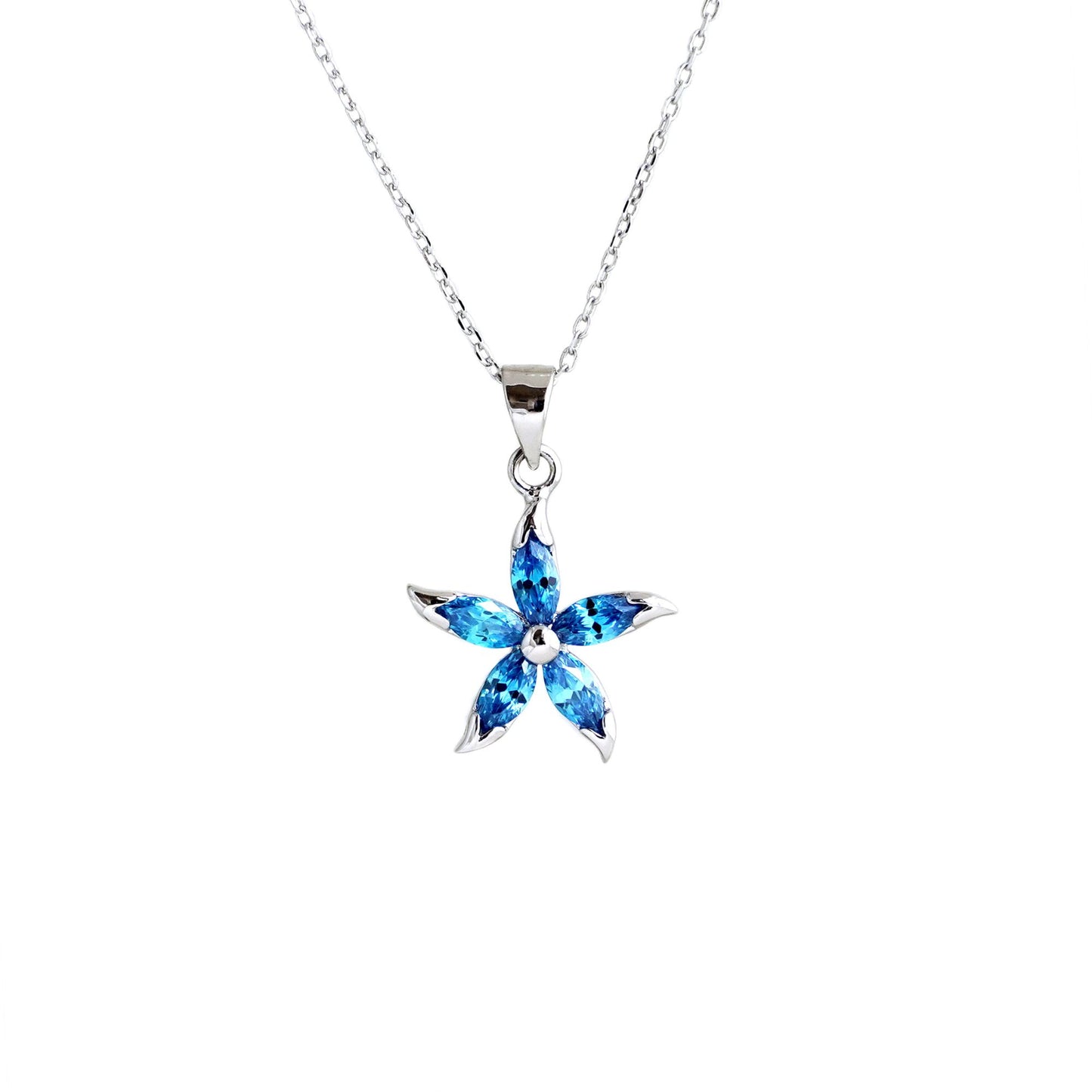 Sterling Silver Light Blue Sapphire CZ Flower Pendant Chain Necklace - sugarkittenlondon