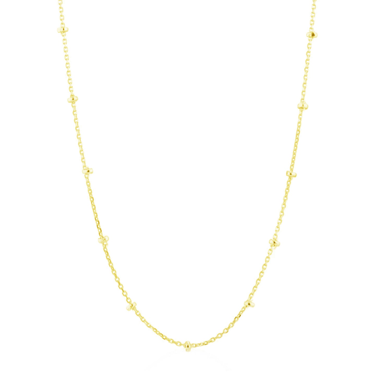 Gold beaded satellite chain necklace, long strand with small round bead links.