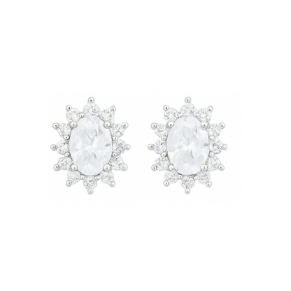 Sterling Silver Oval White CZ Cluster Stud Earrings