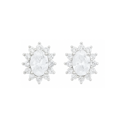 Sterling Silver Oval White CZ Cluster Stud Earrings