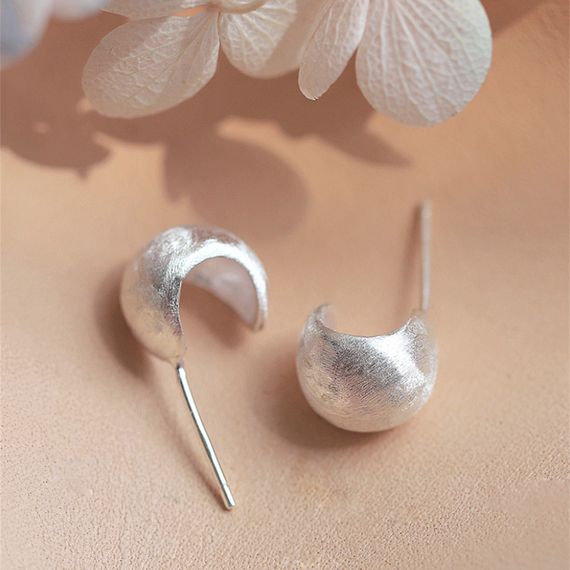 Sterling Silver Brushed Half Hoop Ball Circle Dome Drop Stud Earrings - sugarkittenlondon