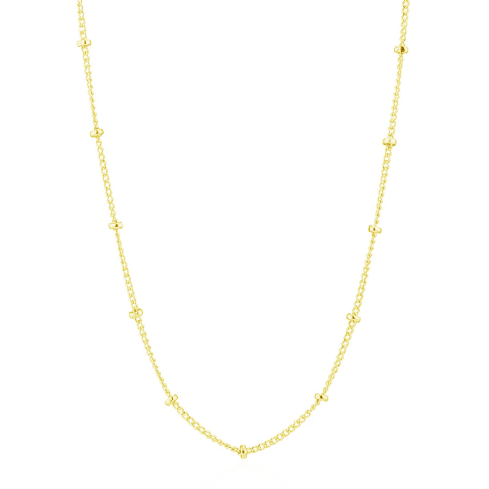 Gold beaded satellite chain necklace, full length with evenly spaced bead links.
