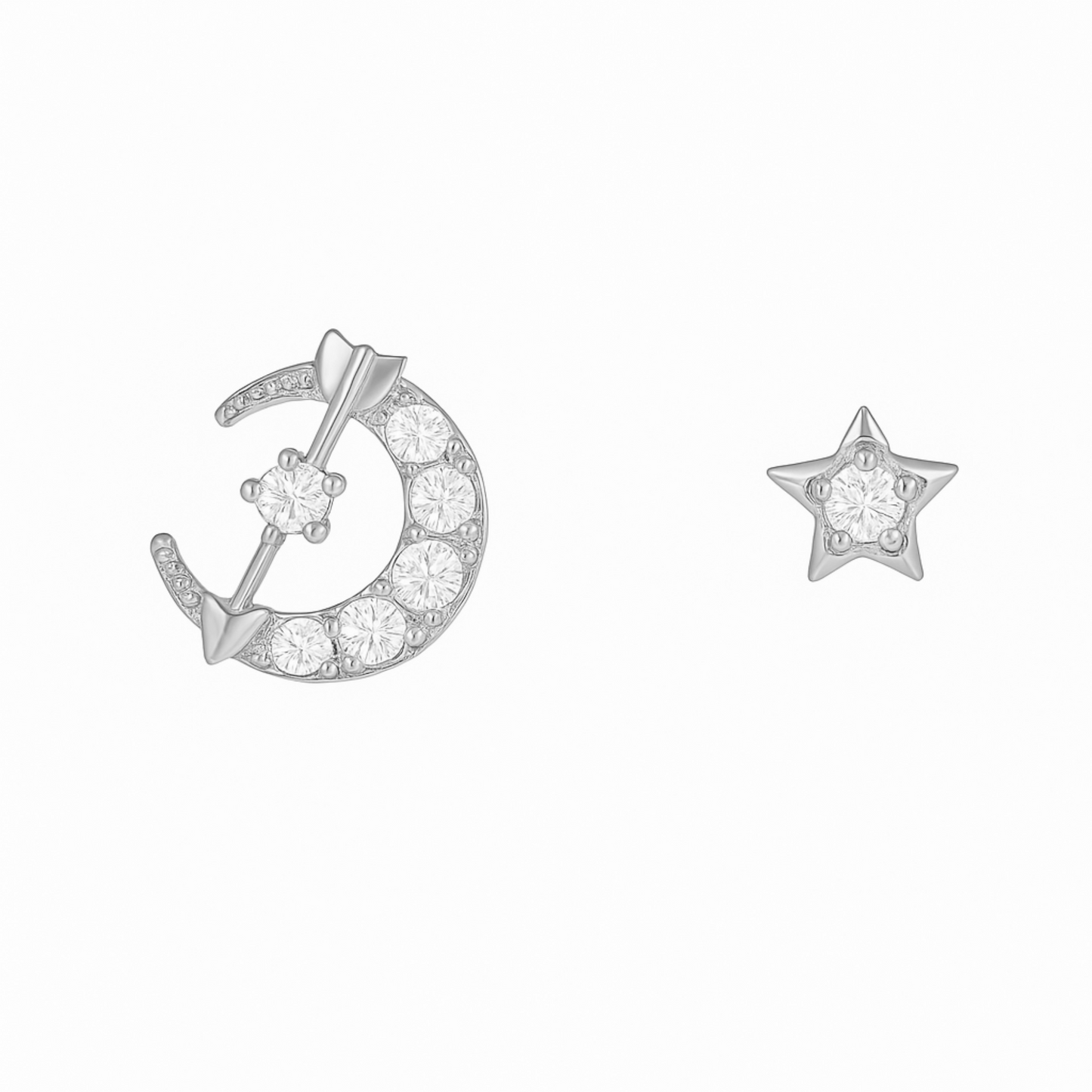 Sterling Silver Mix Match CZ Crescent Moon Star Love Arrow Stud Earrings