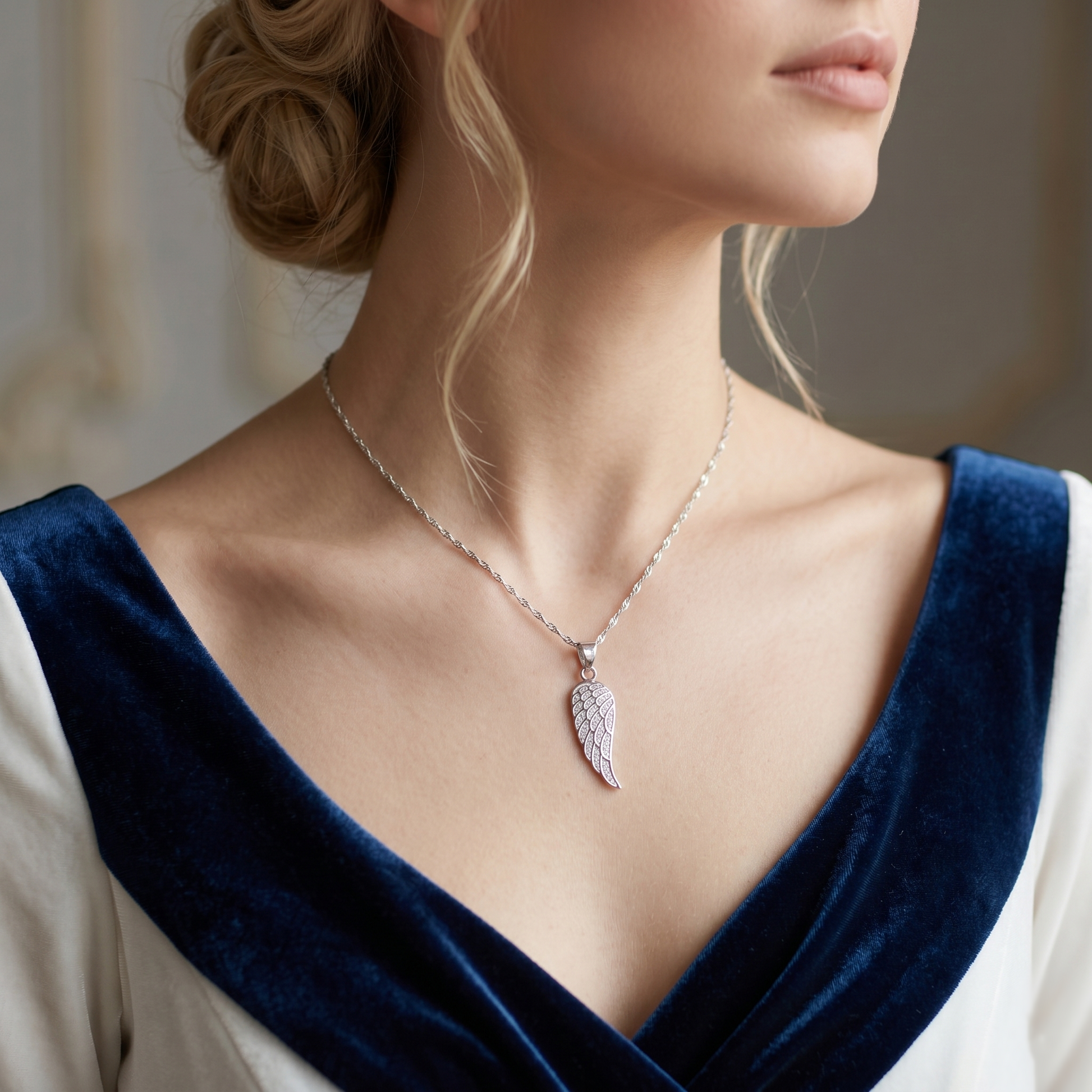 Angel wing pendant on necklace worn, paved single-wing crystal motif in silver tone