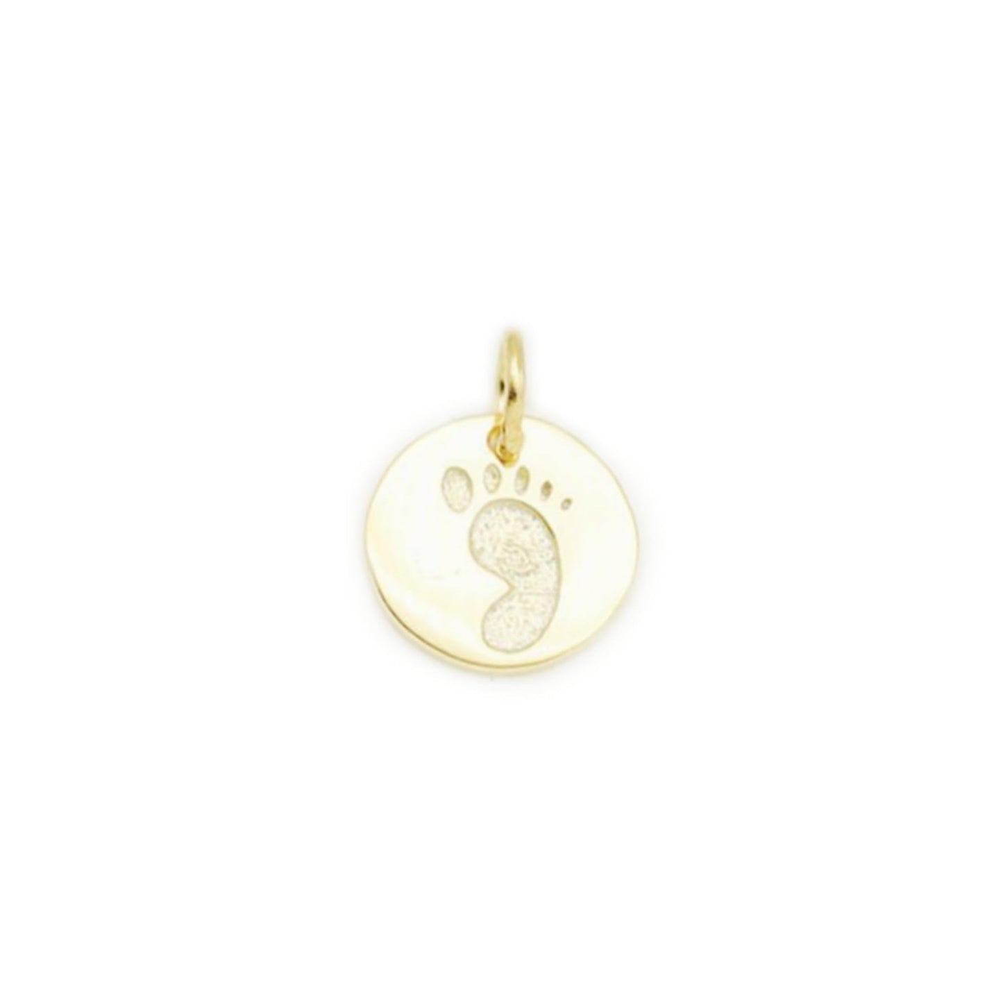 Round gold print charm pendant with bail loop and toe details, isolated