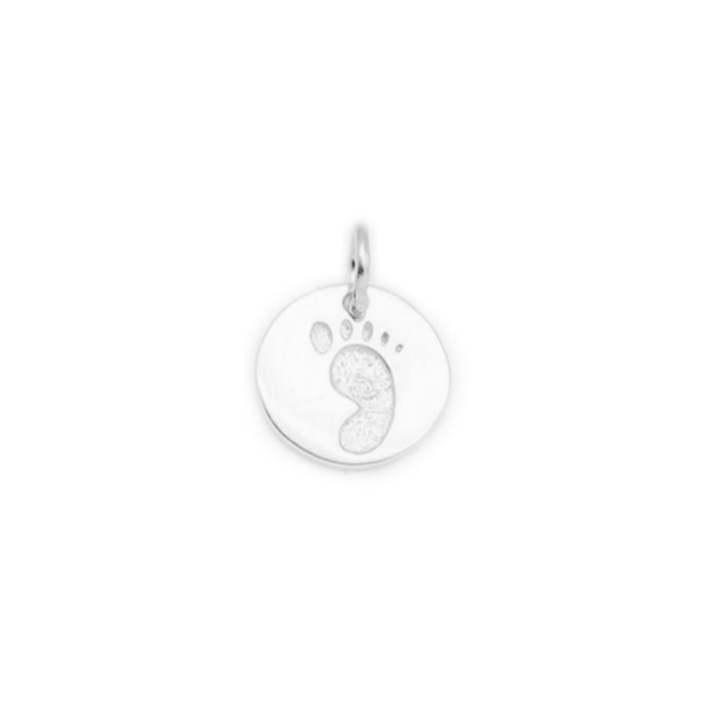 Round gold footprint charm pendant with bail loop, isolated