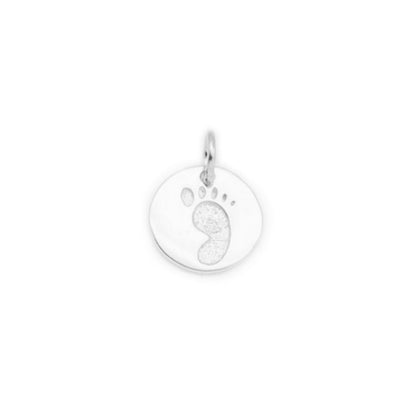 Round gold footprint charm pendant with bail loop, isolated