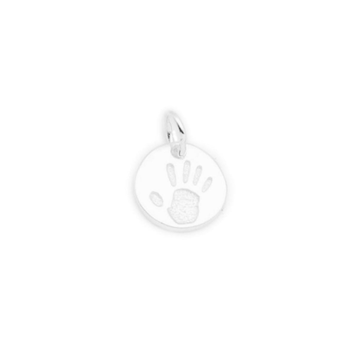 Round silver handprint charm pendant with bail loop, isolated