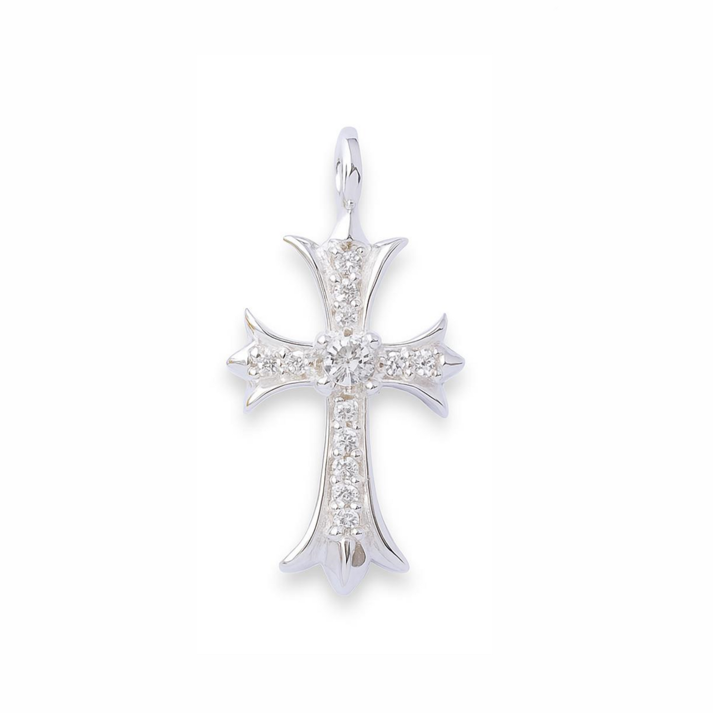 Sterling Silver Fleury Cross Pendant with Clear CZ Stones – 28 mm