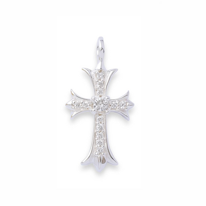 Sterling Silver Fleury Cross Pendant with Clear CZ Stones – 28 mm