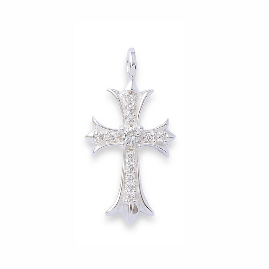 Sterling Silver Fleury Cross Pendant with Clear CZ Stones – 28 mm