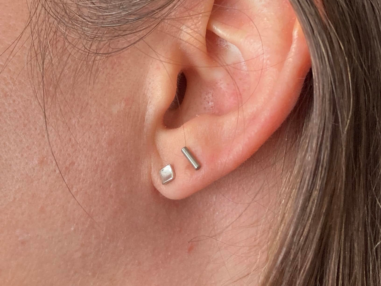 Sterling Silver Mini Bent Concaved Cube Square Stud Earrings 2 Tones