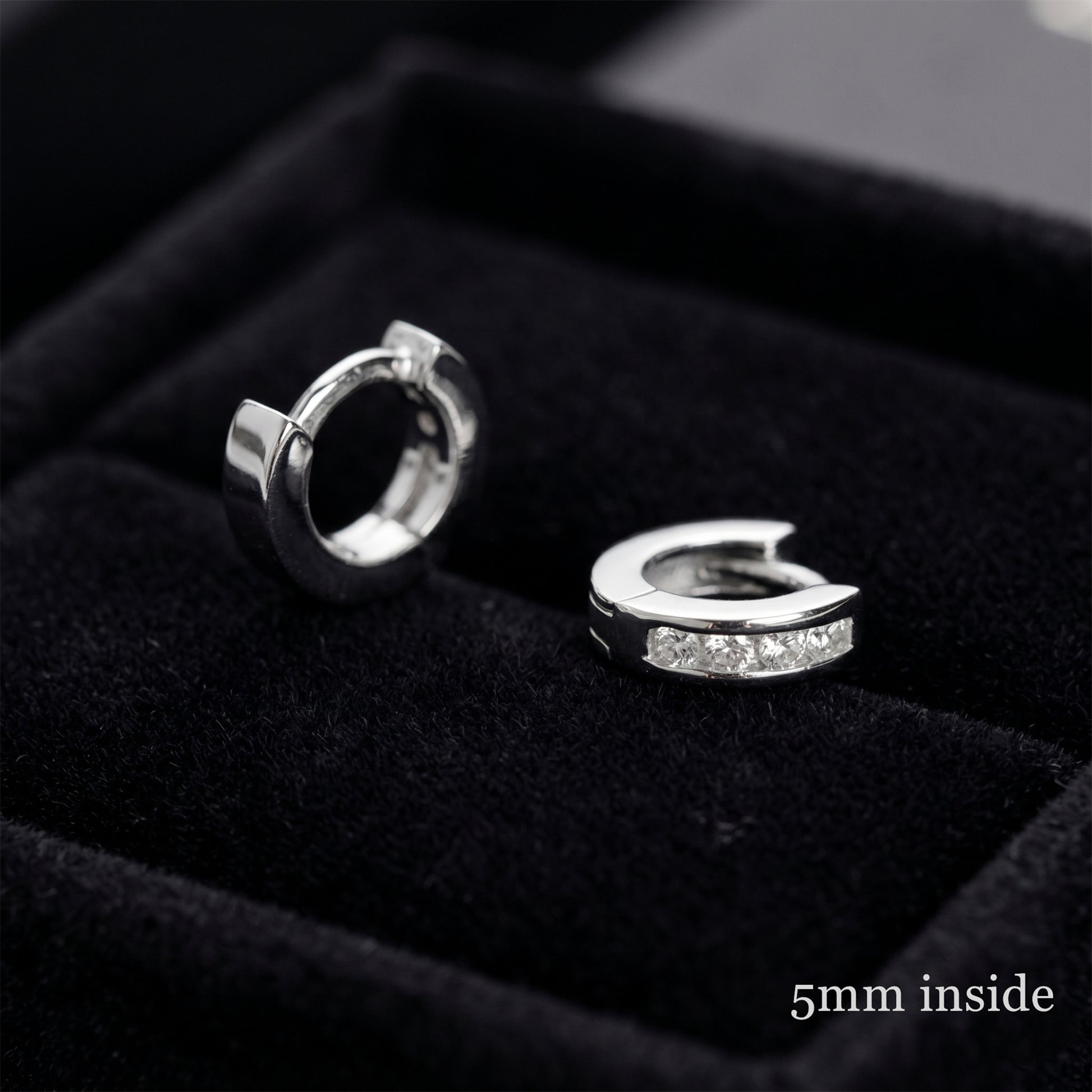 Rhodium Channel Huggie Hoops with front clear stone bar and hinge