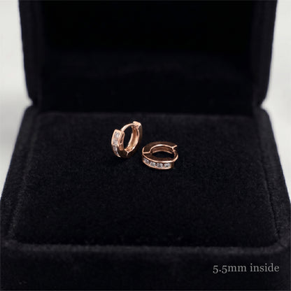 Rose Gold Channel Huggie Hoops inner view with clear stone row