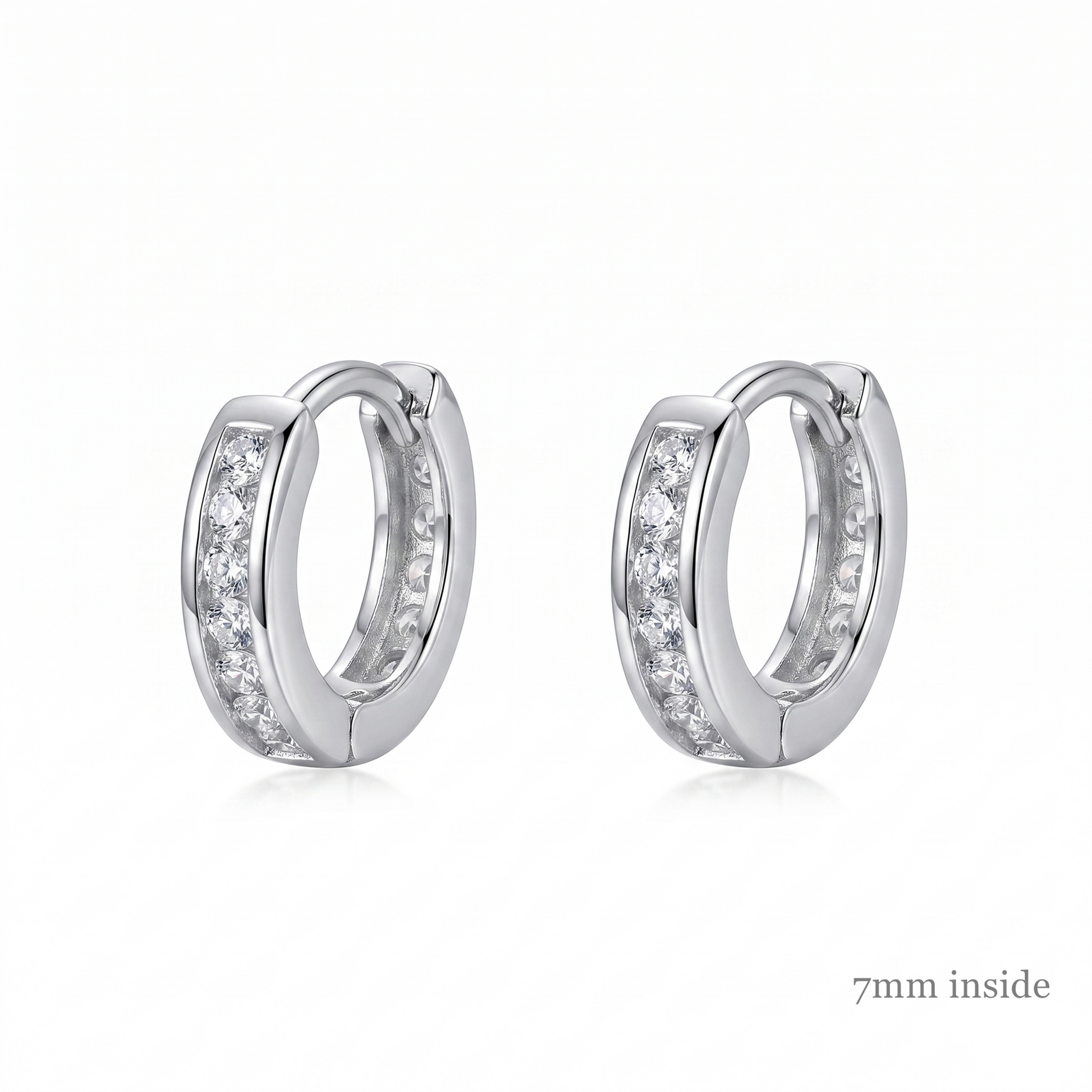 Channel Huggie Hoop earrings, rhodium/silver tone with clear stones; 7mm inside
