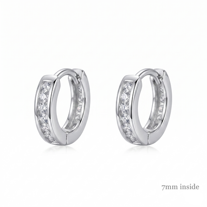 Channel Huggie Hoop earrings, rhodium/silver tone with clear stones; 7mm inside