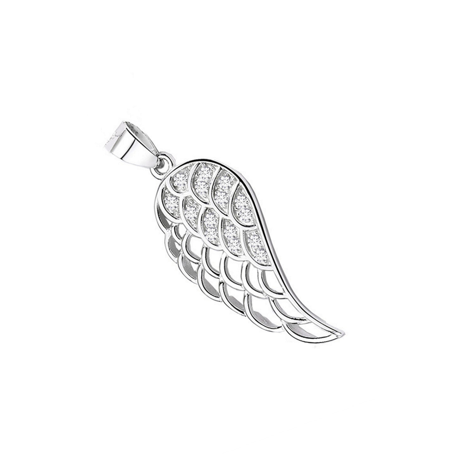Sterling Silver Angel Feather Hollow White Paved CZ Wing Pendant Necklace - sugarkittenlondon