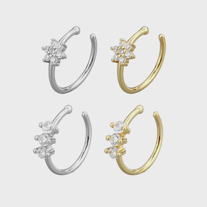 Sterling Silver Nose Ring Nose Hoop Cuff Earings Paved CZ Crystal Flower Three Stones 2 Tones