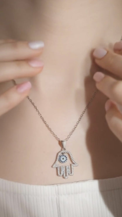 Sterling Silver Hollow Blue Paved CZ Evil Eye Hamsa Hand of Fatima Pendant