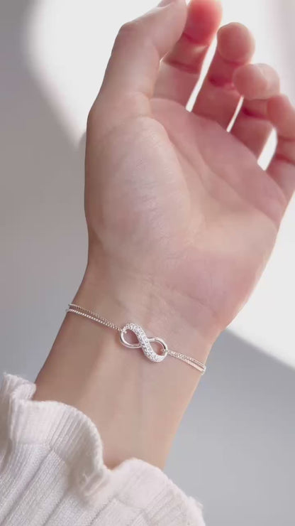 Double Layer Box Chain Infinity Bracelet with Sterling Silver and Paved CZ