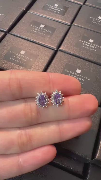 Sterling Silver Amethyst Purple CZ Oval Cluster Stud Earring Jewellery