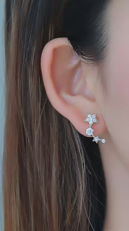Sterling Silver Linked Star Climber Stud Earrings with Clear Pave CZ 16mm