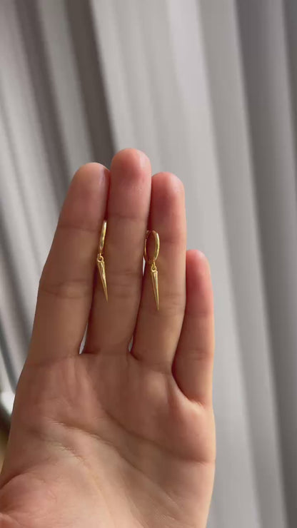 18K Gold on Sterling Silver Long Cone Spike Charm Drop Hinged Hoop Earrings