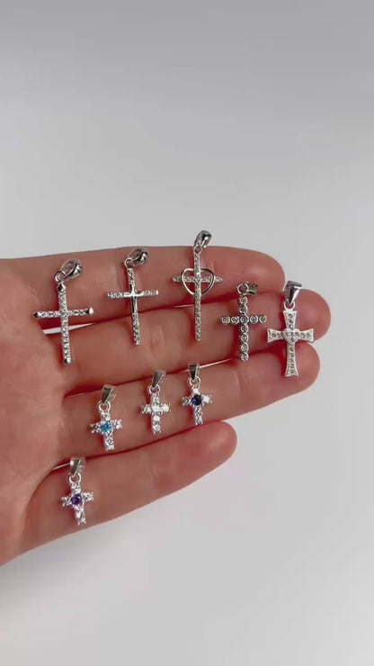 Sterling Silver Passion Cross Pointed Cross Paved CZ Pendant Necklace