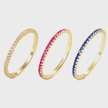 14K Gold Sterling Silver CZ Eternity Ring in White, Magenta, and Navy