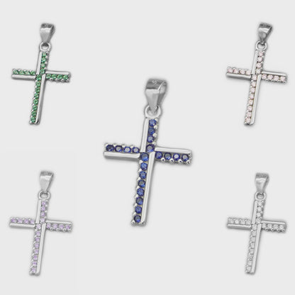 SKL Sterling Silver Half CZ Paved Christian Cross Pendant Necklace Choice of Colours