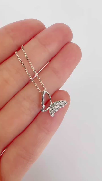 Sterling Silver Butterfly Necklace with Pave CZ Crystals and Rhodium Plating