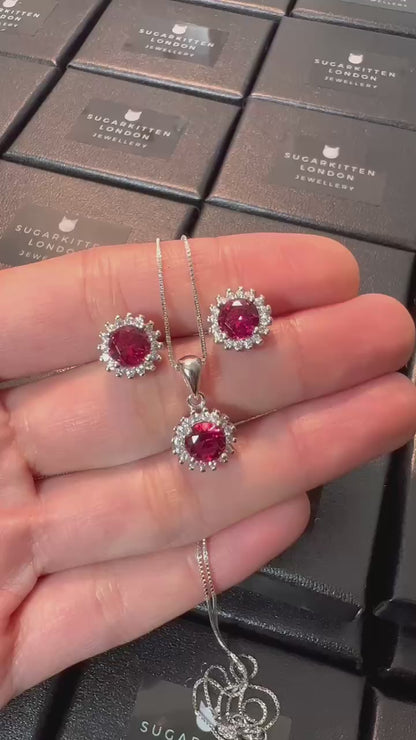 Statement 925 Sterling Silver Red Ruby CZ Cluster Jewellery Set with Choice of Chain