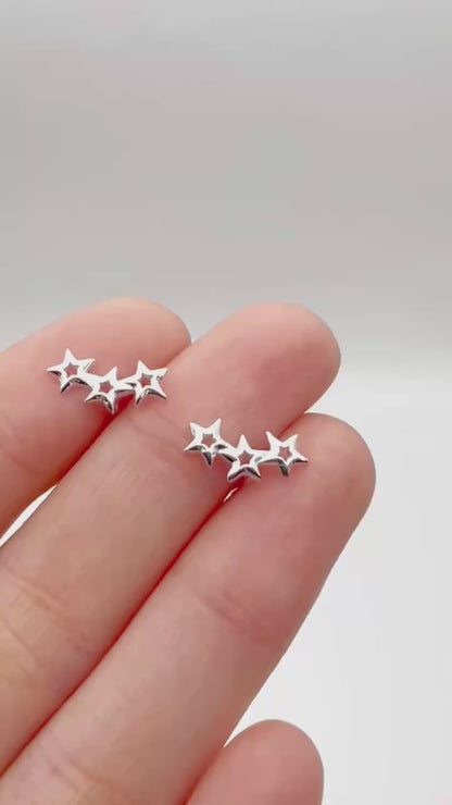 Sterling Silver Triple Hollow Lucky Stars Trinity Line Girls Stud Earrings Boxed