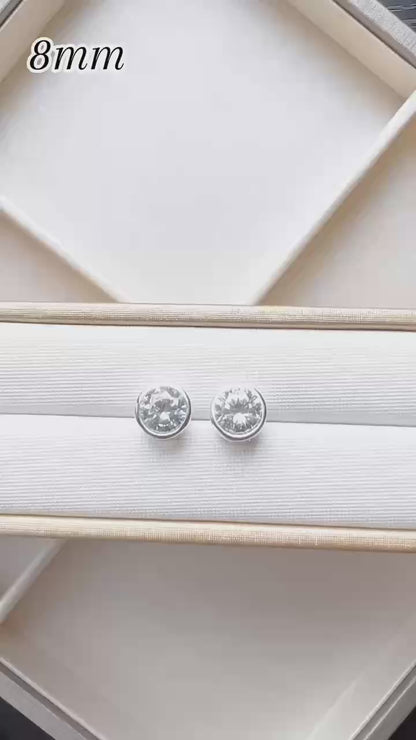 925 Sterling Silver CZ Stud Earrings with Round Bezel Setting in Clear or Black